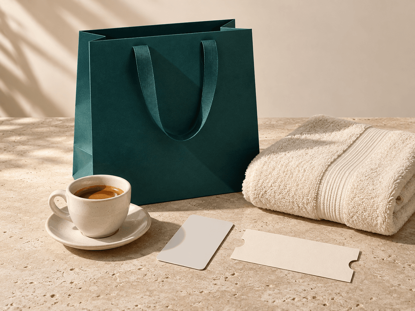 A teal shopping bag, espresso, hotel key card, ticket and folded towel on sunlit stone.